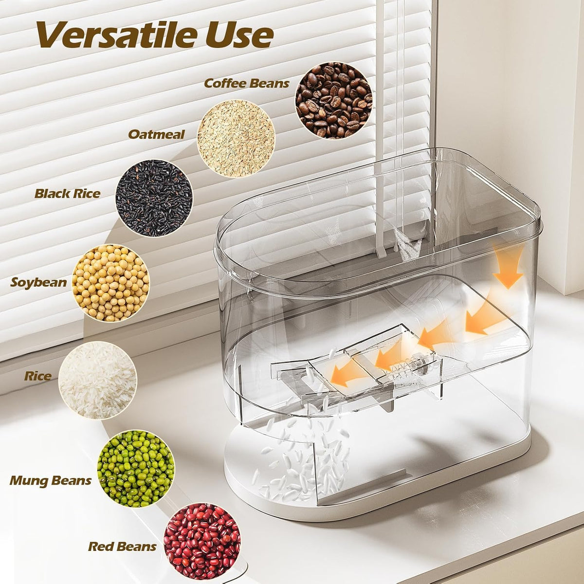 Rice Dispenser, 22-25 Lbs, Airtight Rice Container, Measuring Cup
