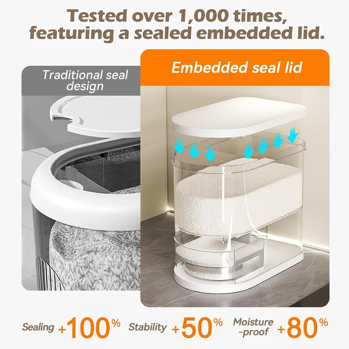 Rice Dispenser, 22-25 Lbs, Airtight Rice Container, Measuring Cup